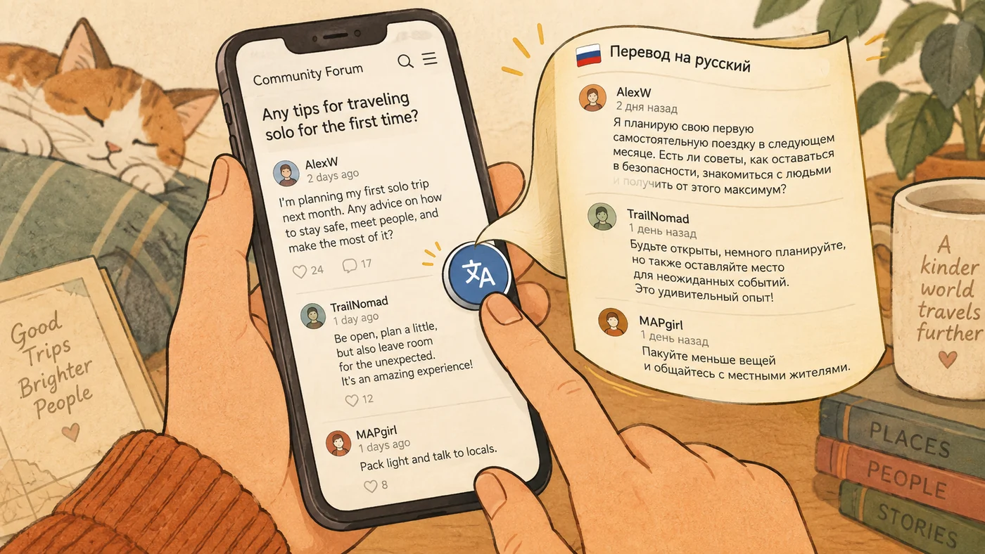 Иллюстрация: в руках телефон с веткой англоязычного форума, поверх экрана круглая кнопка перевода, а рядом разворачивается лист с теми же репликами на русском
